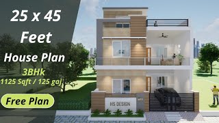 25 x 45 modern house design 3D  1125 sqft  125 gaj  25 x 45 feet house plan  8 x 14 meter [upl. by Mosley600]