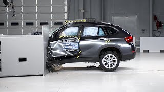 2013 BMW X1 driverside small overlap IIHS crash test [upl. by Annaear801]