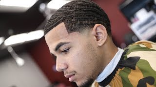 BARBER TUTORIAL 360 WAVE TEMP FADE  CRISPY LINE UP  FREE HAND TRIM [upl. by Hogue781]