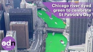 Chicago river dyed green to celebrate St Patricks Day [upl. by Eybbob]