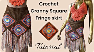 Crochet granny square fringe skirt tutorial [upl. by Drabeck]