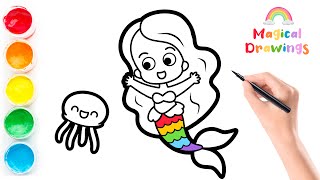 Mermaid Drawing Painting amp Coloring for Kids  How to Draw Mermaid  Easy Mermaid Drawing for Kids [upl. by Levon]