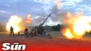 Defending Ukrainian troops blast Russian targets with howitzer [upl. by Garald754]