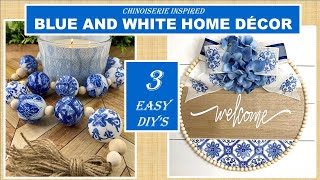 BEAUTIFUL BLUE AND WHITE HOME DECOR  3 EASY DIYs  CHINOISERIE WOOD WREATH  BEAD GARLAND 2021 [upl. by Chesnut]