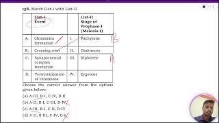 Match ListI with ListII ListI Event ListII Stage of ProphaseI MeiosisI A Chiasmata [upl. by Nalyad]