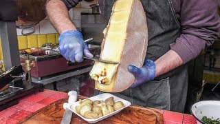 Yummy Swiss Raclette Warm Melted Swiss Cheese with Egg and Potatoes London Street Food [upl. by Lowrance]