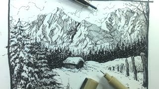 Pen amp Ink Drawing Tutorials  How to draw a winter landscape [upl. by Tomkins]