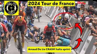 Crash stops Arnaud De Lie  2024 Tour de France  Stage 13 [upl. by Jessey150]