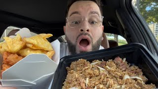 Pork fried rice with chicken fingers and crab Rangoon mukbang [upl. by Julietta]