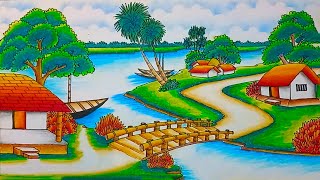 How to draw easy scenery drawing with beautiful landscape village with riverside scenery drawing [upl. by Conah56]