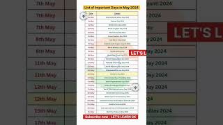 May 2024  Full List of important National and International Days  Special days in May 2024 shorts [upl. by Assirrec]