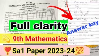 💯9th maths sa1 question paper 202324ap sa1 9th class maths answer key 202324 100 real paper🥳😎 [upl. by Cleti]