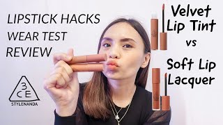 3CE VELVET LIP TINT vs SOFT LIP LACQUER  LIPSTICK HACKS [upl. by Ayotaj]