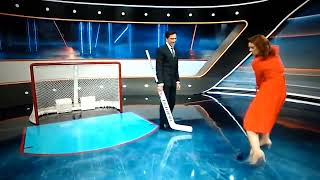 Canadian Jennifer Botterill in High Heels breaks Sports Nets glass screen while recreating a goal [upl. by Pitts]