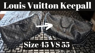 Louis Vuitton Keepall SIZE COMPARISON Monogram Eclipse 45 vs 55 Duffle Virgil Abloh LV Bandouliere [upl. by Qulllon188]