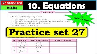 Practice set 27  Equations  Chapter 10  6th standard  Maths  Maharashtra State Board [upl. by Bouchard854]