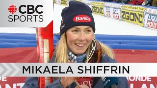 USAs Mikaela Shiffrin has genuine reaction to CBC RadioCanada reporters eyes during interview [upl. by Ailadgim]