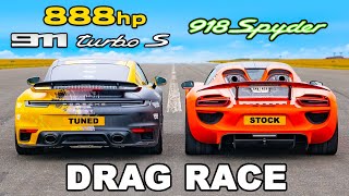 Porsche 918 Spyder v Tuned 911 Turbo S DRAG RACE [upl. by Anallise]