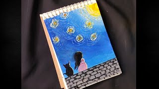 Starry night painting easy  starry night scenery  Drawing book [upl. by Kehsihba]