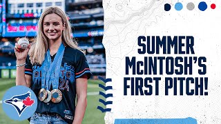 Threetime Olympic Champion Summer McIntosh throws the ceremonial first pitch for the Blue Jays [upl. by Sivle]