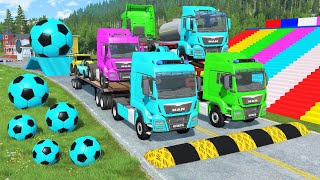 Double Flatbed Trailer Truck vs Speedbumps Train vs Cars  Tractor vs Train BeamngDrive 0195 [upl. by Auhsaj]