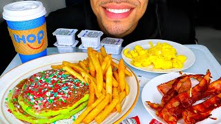 ASMR CHRISTMAS DAY MUKBANG IHOP HOLIDAY BREAKFAST PANCAKES EGGS BACON HAM FRIES EATING NO TALK JERRY [upl. by Gaspard]