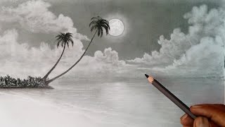 Easy landscape scenery drawing with pencil step by step Pencil drawing moon light beach scenery [upl. by Atinod490]