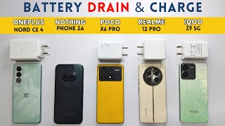 5G BATTERY Drain and CHARGE Test  OnePlus Nord CE 4 vs Nothing Phone 2a vs POCO X6 Pro vs iQOO Z9 [upl. by Hogg]