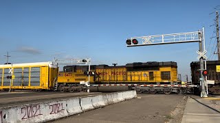 UP 5976 Autorack Train With MidDPUs North  E Morada Lane Railroad Crossing Stockton CA [upl. by Genie]