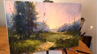 How to Paint an EVENING LANDSCAPE for Beginners Step by Step Oil Painting with Palette demo [upl. by Ahsinroc]