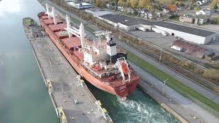 Federal Barents Bulk Carrier  Lock 67 Welland Canal 4k Aerial view ship [upl. by Airotcivairam]