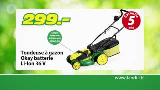 LANDI Prix bas HIT  Tondeuse à gazon Okay batterie LiIon 36 V [upl. by Fleischer]