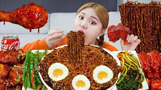 ASMR MUKBANG FRIED CHICKEN amp BLACK BEAN NOODLES by HIU 하이유 [upl. by Hugh553]