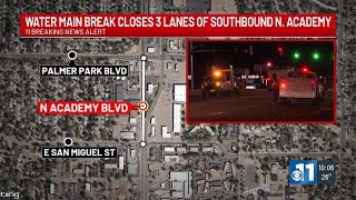 Water main break closes three lanes of southbound N Academy [upl. by Kashden82]