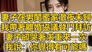 妻子在男閨蜜家徹夜未歸，我帶著離婚協議登門拜訪，妻子卻哭著求重來一次，我說：你覺得有可能嗎 [upl. by Ahsinuq170]