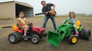 Playing in hay with leaf blowers on kids tractors  Tractors for kids [upl. by Aniretake]