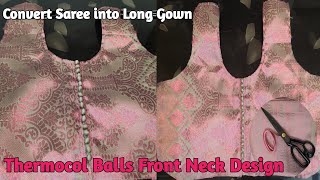 Long Gown Front Neck Design Cutting and Stitching  Beginners Simple Thermocol Balls Neck Design [upl. by Anestassia]