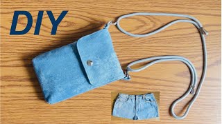 DIY how to make a crossbody phone bag from old jeans [upl. by Hakilam932]