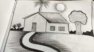 Scenery pencil drawing ll Very easy pencil drawing Scenery natural house 🏡 [upl. by Tavey]