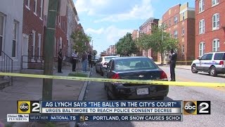 Attorney General Lynch pushes Baltimore to reach police consent decree [upl. by Nauq]