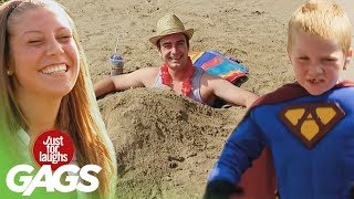 Beach Army Superman Kid and Disappearing Girl Pranks  Throwback Thursday [upl. by Latsryc724]