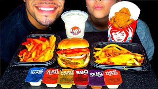 ASMR EATING WENDYS SPICY CHICKEN NUGGETS BACON CHEESE FRIES FROSTY ICE CREAM MUKBANG JERRY WIFE [upl. by Griffie]