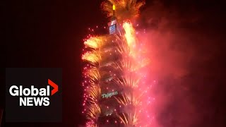 New Years 2024 Taiwans Taipei 101 lit up with dazzling fireworks [upl. by Bertrand818]