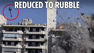 Moment Lebanon tower block completely flattened in Israeli rocket strike [upl. by Ative690]