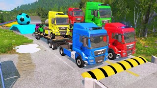 Double Flatbed Trailer Truck vs Speedbumps Train vs Cars  Tractor vs Train BeamngDrive 09 [upl. by Dadinirt584]