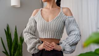 How to Crochet Balloon Sleeve Cropped Sweater  Pattern amp Tutorial DIY [upl. by Willdon]