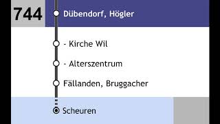 VBZ Ansagen  744  ZH Stettbach – Kirche Wil – Fällanden – Binz – Ebmatingen – Scheuren [upl. by Onitnas]