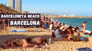 🇪🇸 Hot Day in Barcelona Beach  Spain ☀️🏖️ Amazing Barceloneta Beach Walk  4K [upl. by Yrahca]