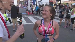 Cleveland half marathon Top female runner crosses the finish line [upl. by Aneelad]