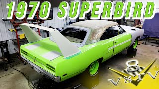 1970 Plymouth Superbird 392 HEMI 6Speed Restomod Transformation at V8 Speed and Resto Shop V8TV [upl. by Aiveneg]